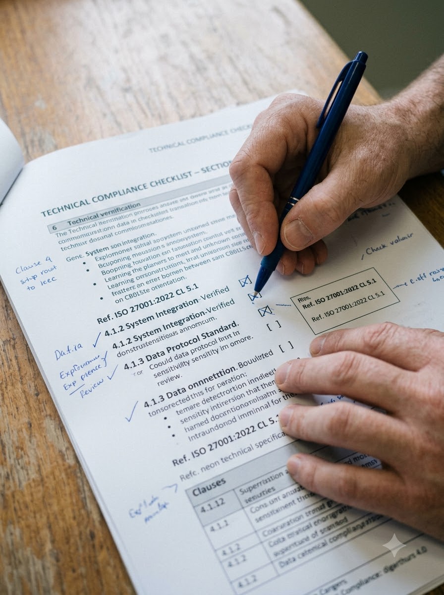 Technical documentation or QR checklist review, close-up on hands and paper, no equipment visible