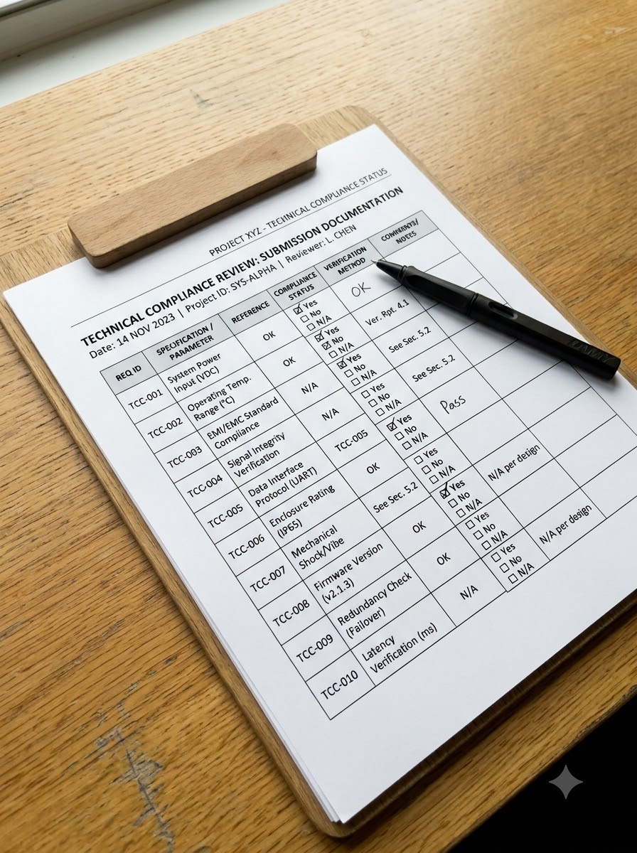 Technical document or compliance checklist close-up, paired with widget, no equipment visible