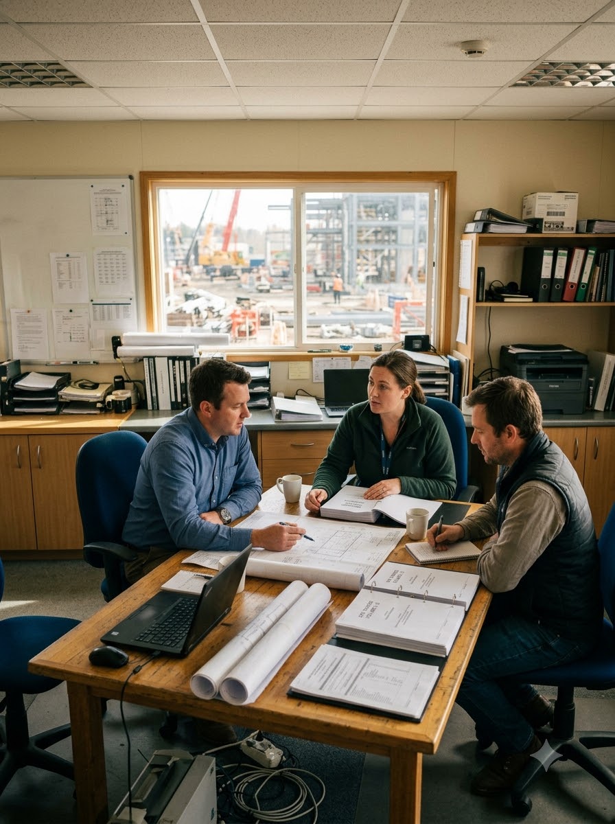 Defence-sector engineering or proposals team reviewing documents together, natural color, human/specific not abstract, no equipment or sensitive material visible
