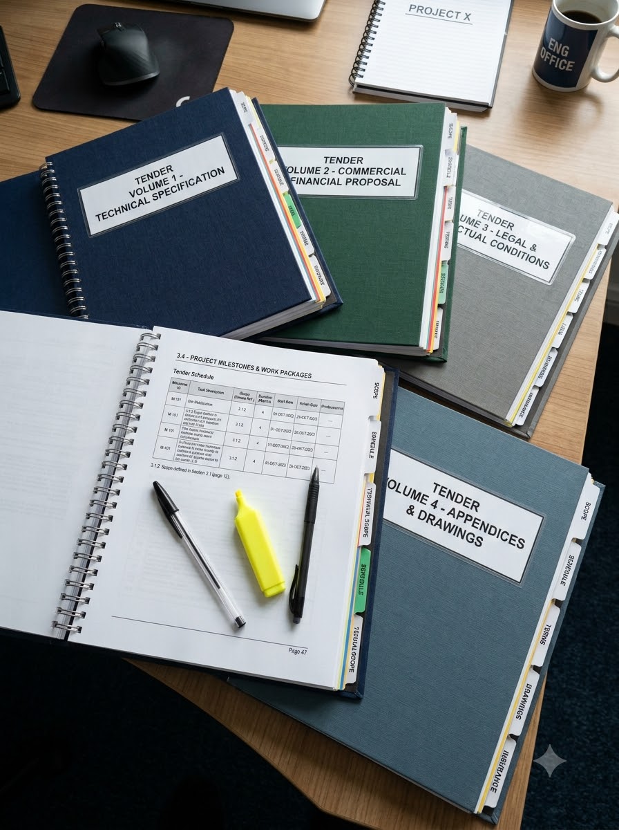 Multi-volume tender documents spread across a table, close-up