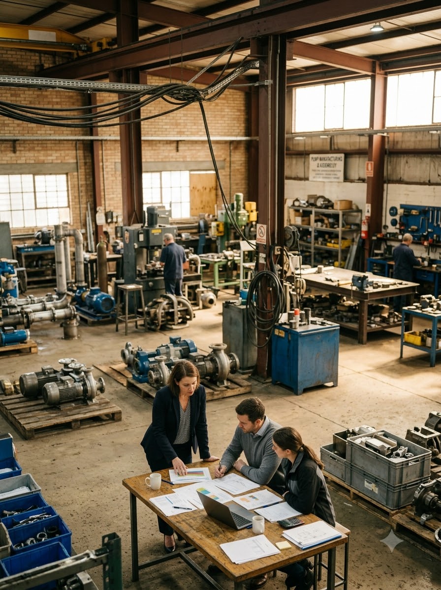 Process equipment engineering team or facility, natural color, human/specific not abstract
