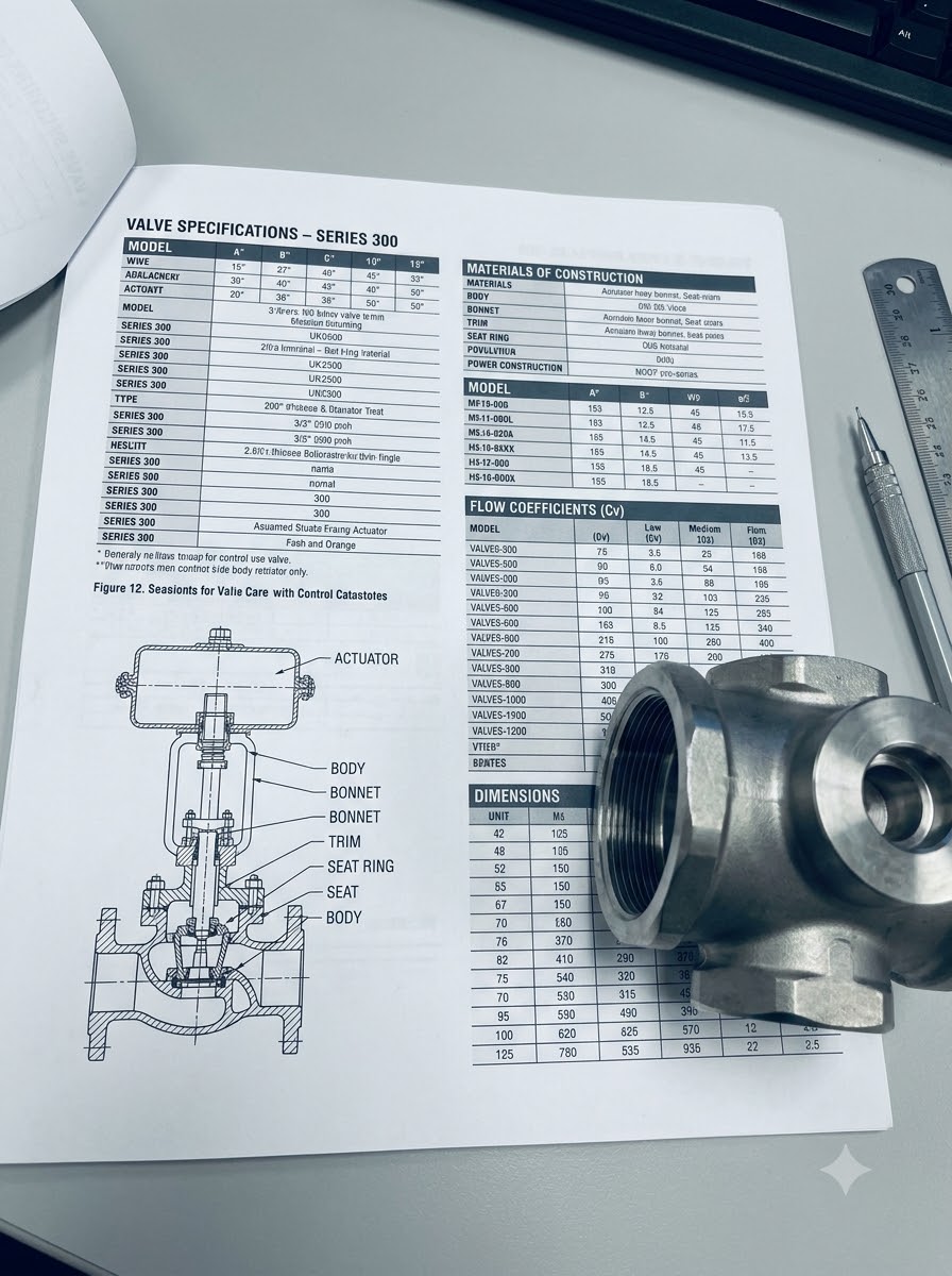 Valve spec sheet or catalogue close-up, paired with widget