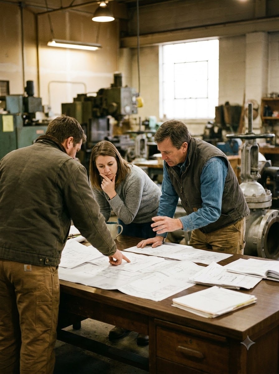 Valve manufacturing team or facility, natural color, human/specific not abstract
