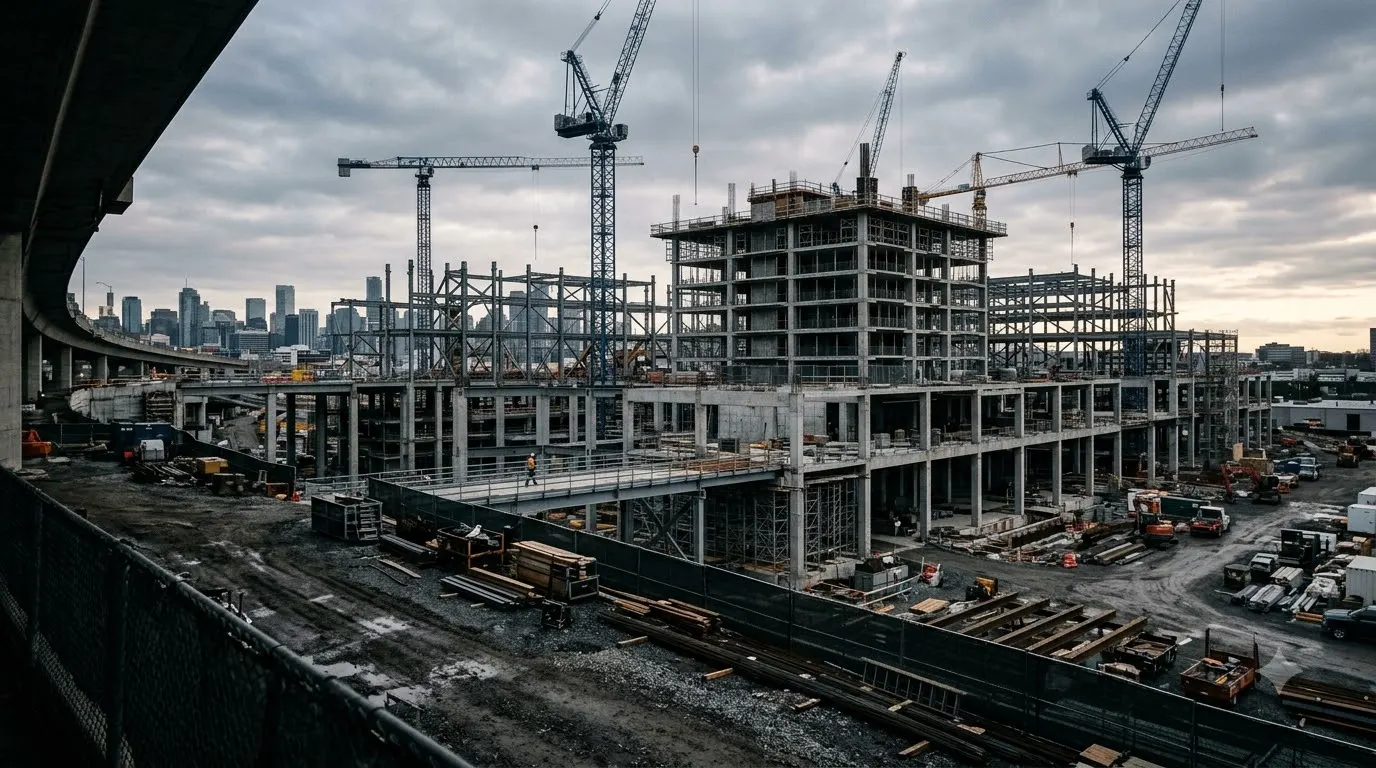 Large construction site with tower cranes and a concrete frame under construction