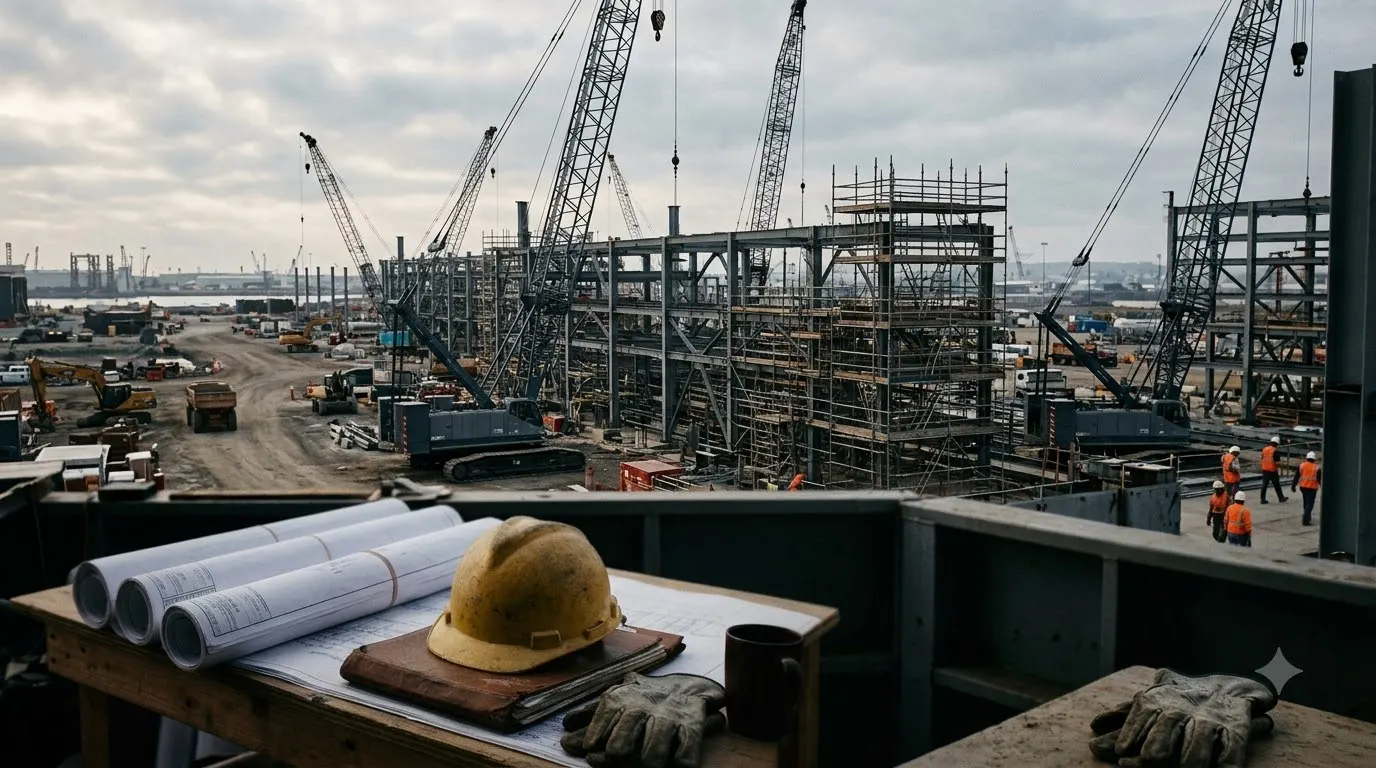Rolled drawings and a hard hat on a site table overlooking a steel structure under construction