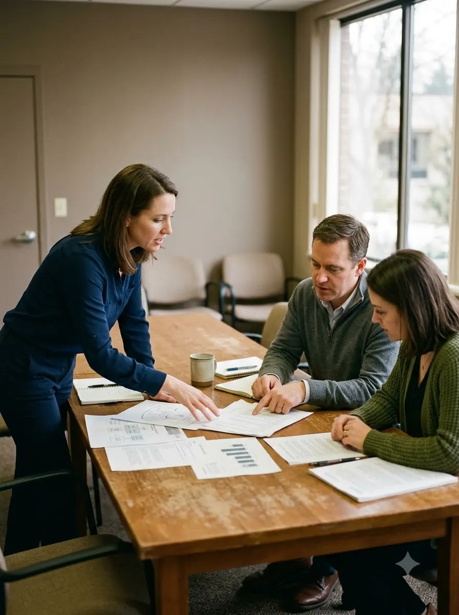 Three people reviewing documents at a meeting table