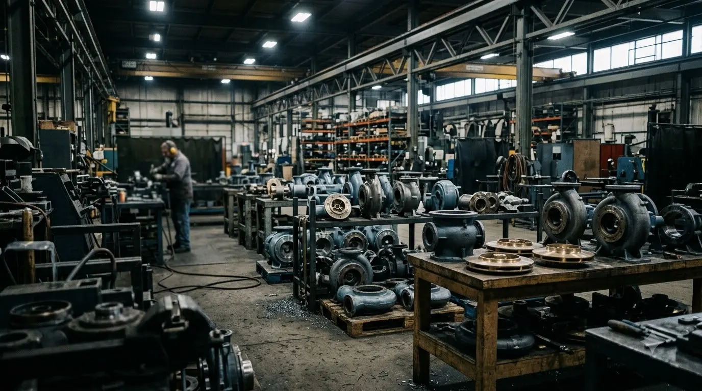 Machine shop with pump casings and impellers on benches and a machinist in the background