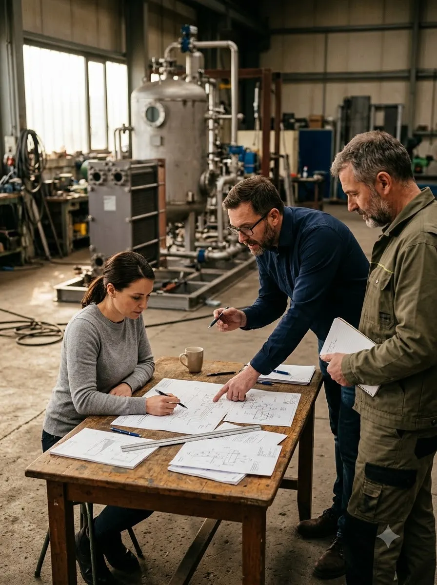 A team reviewing drawings beside a plate heat exchanger in the workshop
